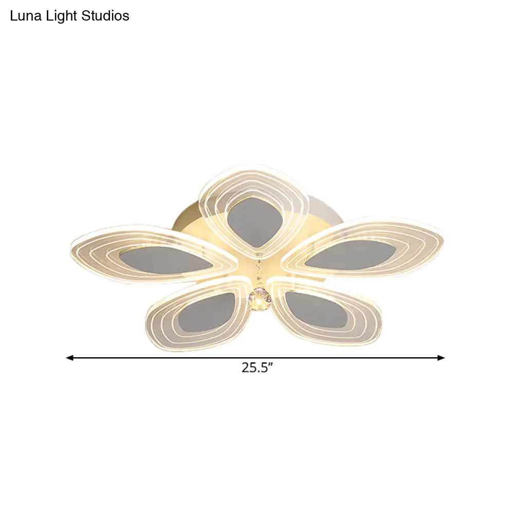 Chrome Led Floral Petal Ceiling Flush Light With Crystal Droplet