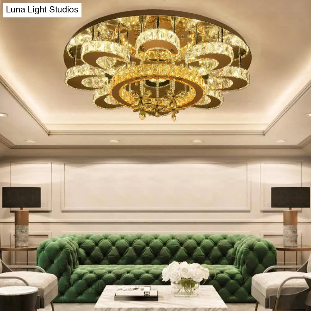 Chrome Led Flower Ceiling Light: Modern Clear Crystal Flush Fixture For Living Room