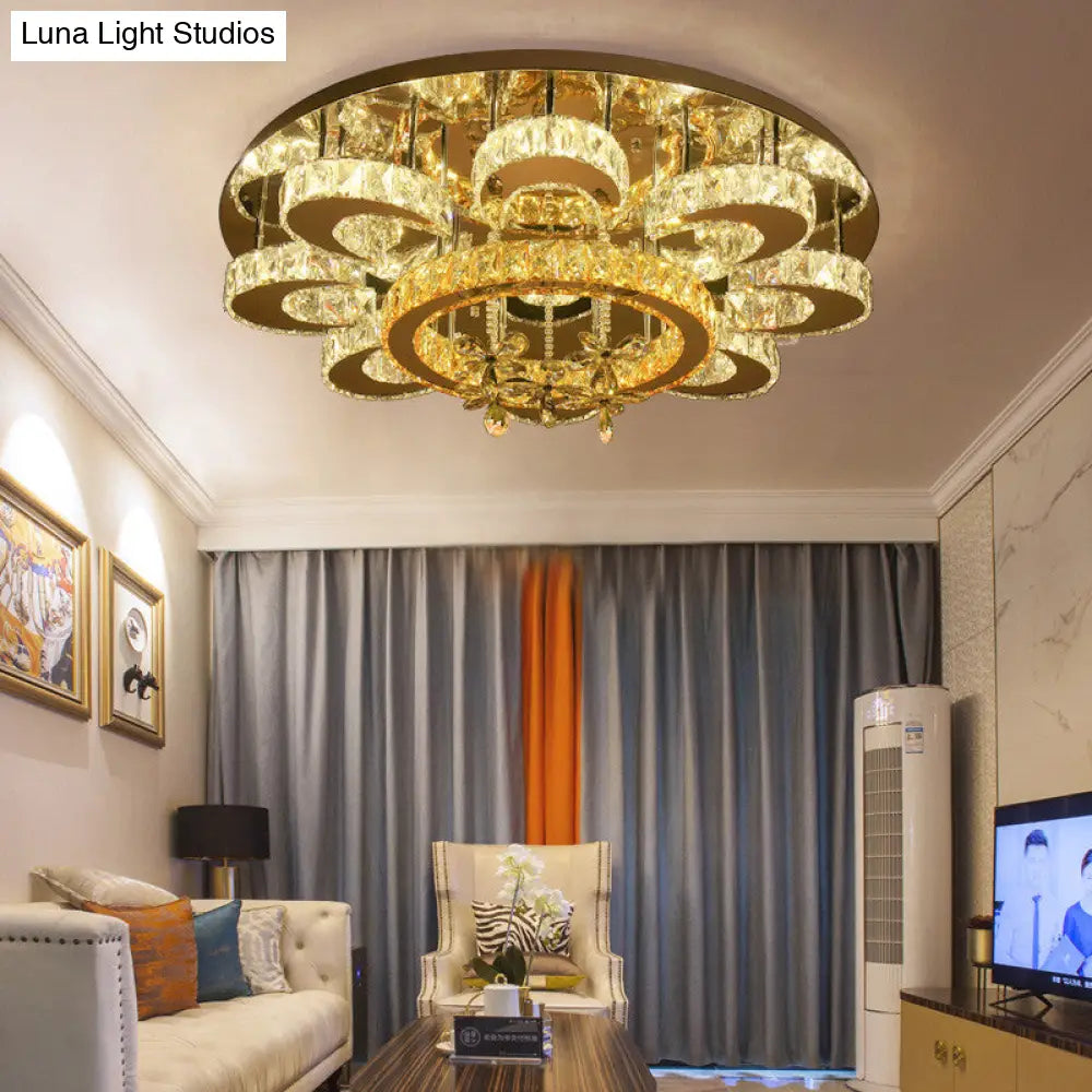 Chrome Led Flower Ceiling Light: Modern Clear Crystal Flush Fixture For Living Room