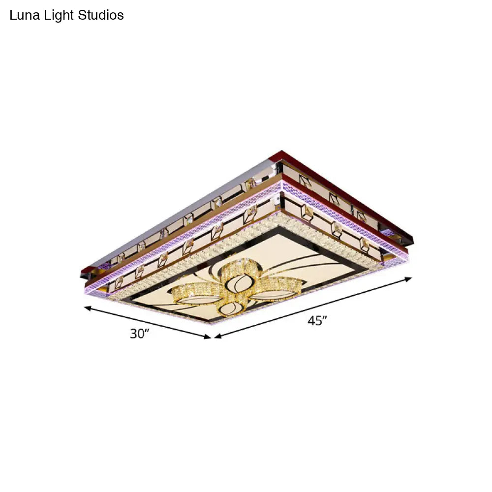 Chrome Led Flush Mount Crystal Rectangle Ceiling Fixture With Flower Design