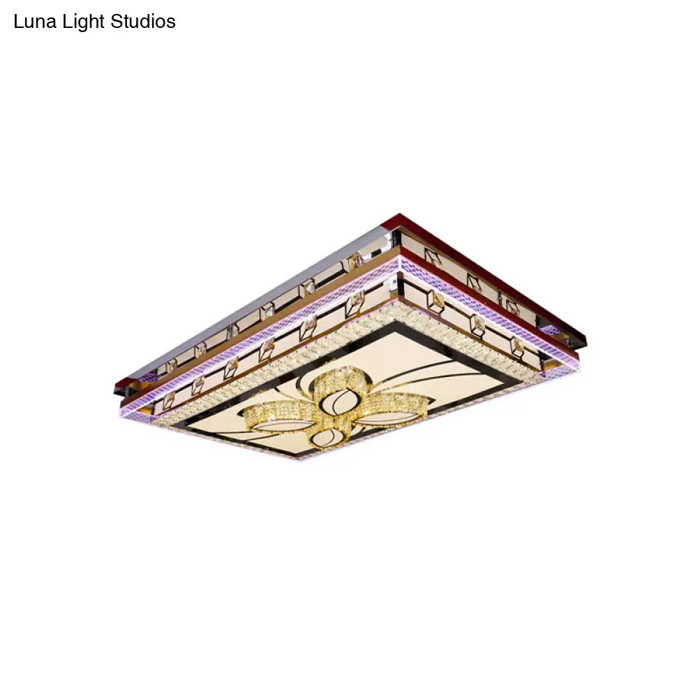 Chrome Led Flush Mount Crystal Rectangle Ceiling Fixture With Flower Design
