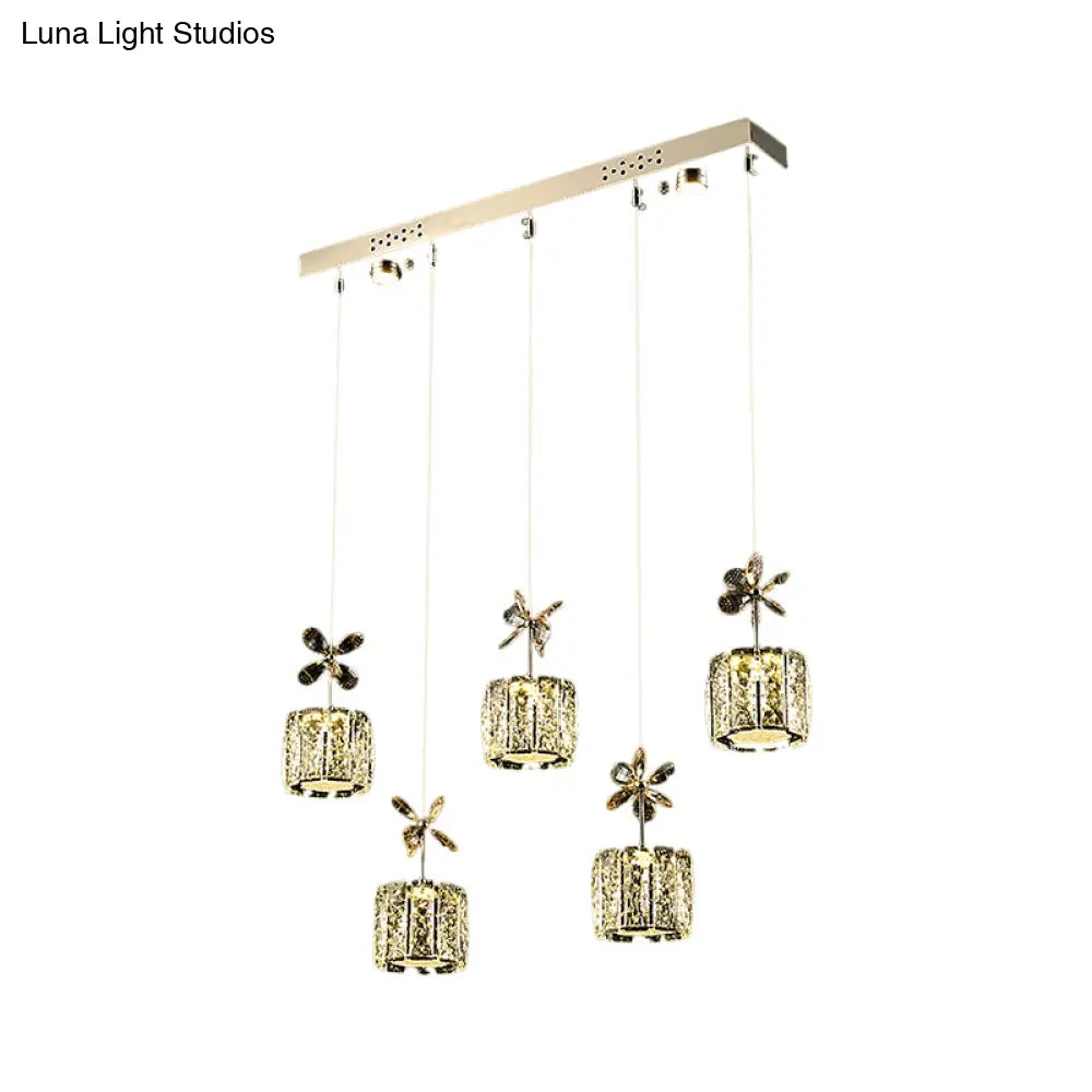 Chrome Led Multi Light Pendant With Faceted Crystal And Modern Cylinder Design For Dining Room -