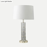 Chrome Small Desk Lamp With Clear Crystal Modern Cylindrical Fabric Table Light