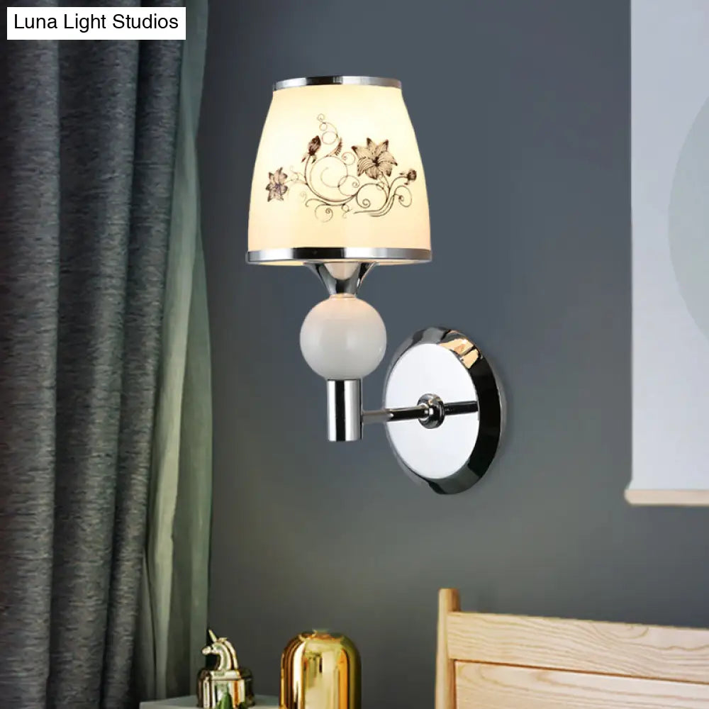 Chrome Wall Lamp - Single-Bulb Pastoral Tapered Sconce Light With White Patterned Glass