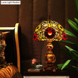 Chrysanths Tiffany Stained Glass Table Lamp - Brown Night Stand Light With Dome Shade
