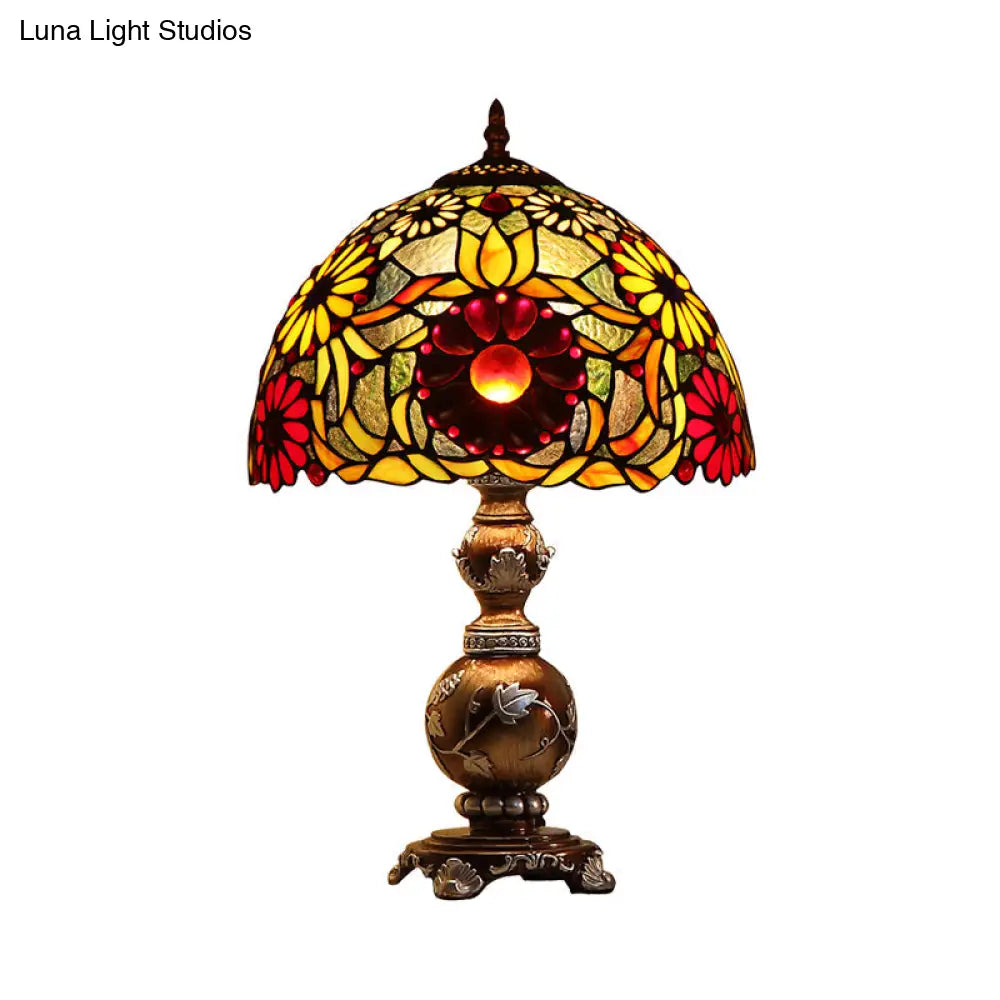 Chrysanths Tiffany Stained Glass Table Lamp - Brown Night Stand Light With Dome Shade