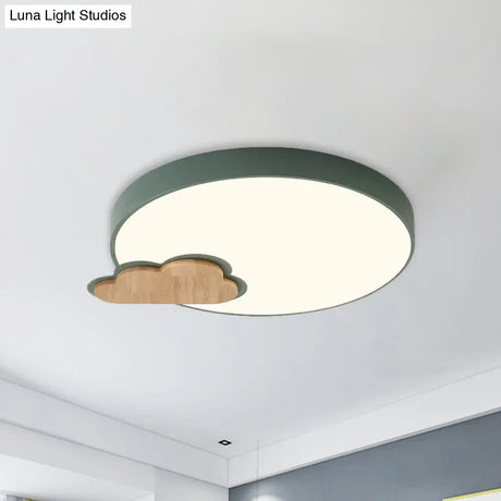 Circle Flush Macaron Led Ceiling Light With Grey/Green Finish And Cloud Wood Detail - White/Warm