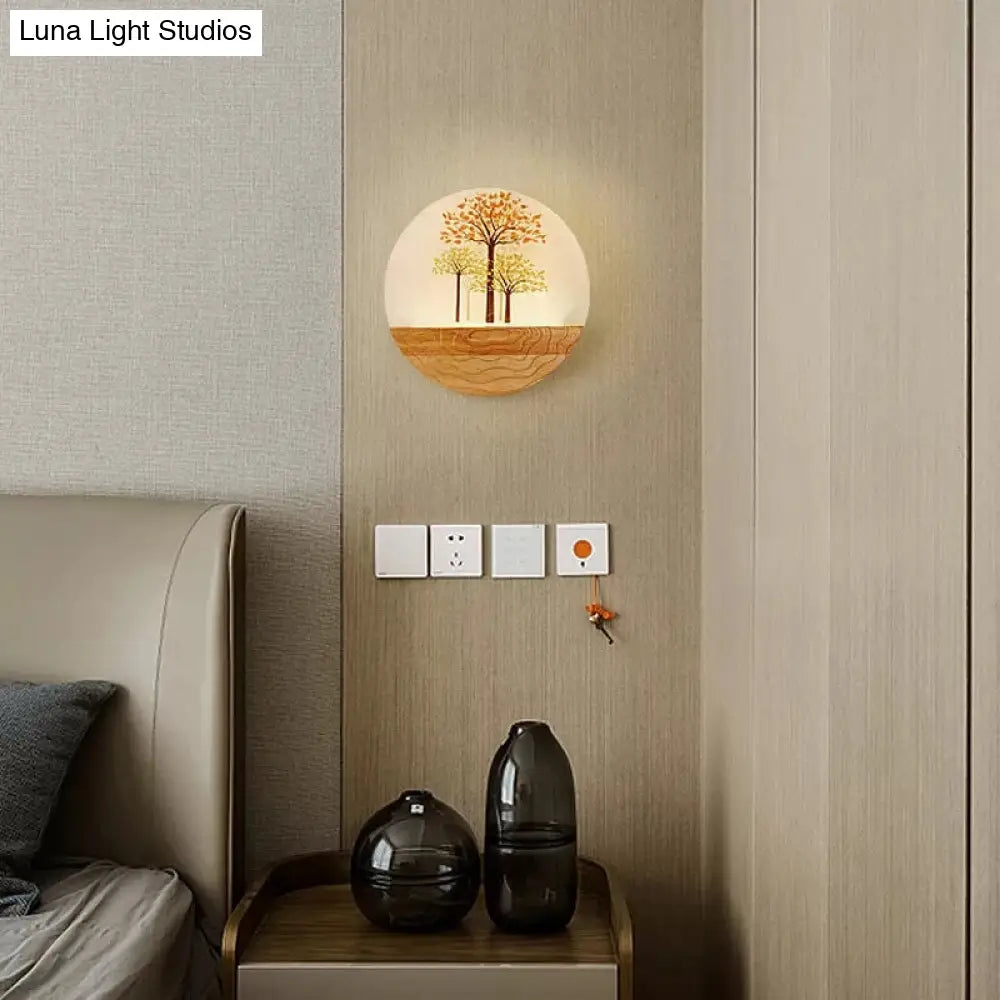 Circle Living Room Wall Light In Natural View Wood Rustic Beige