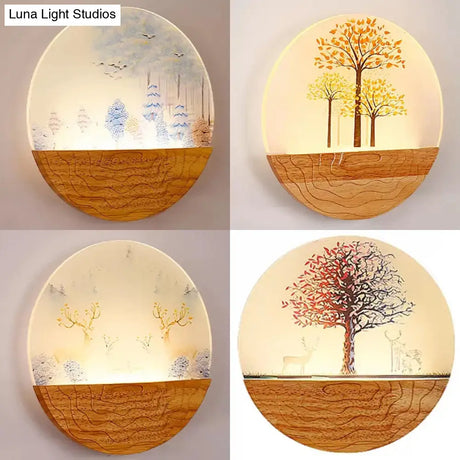 Circle Living Room Wall Light In Natural View Wood Rustic Beige