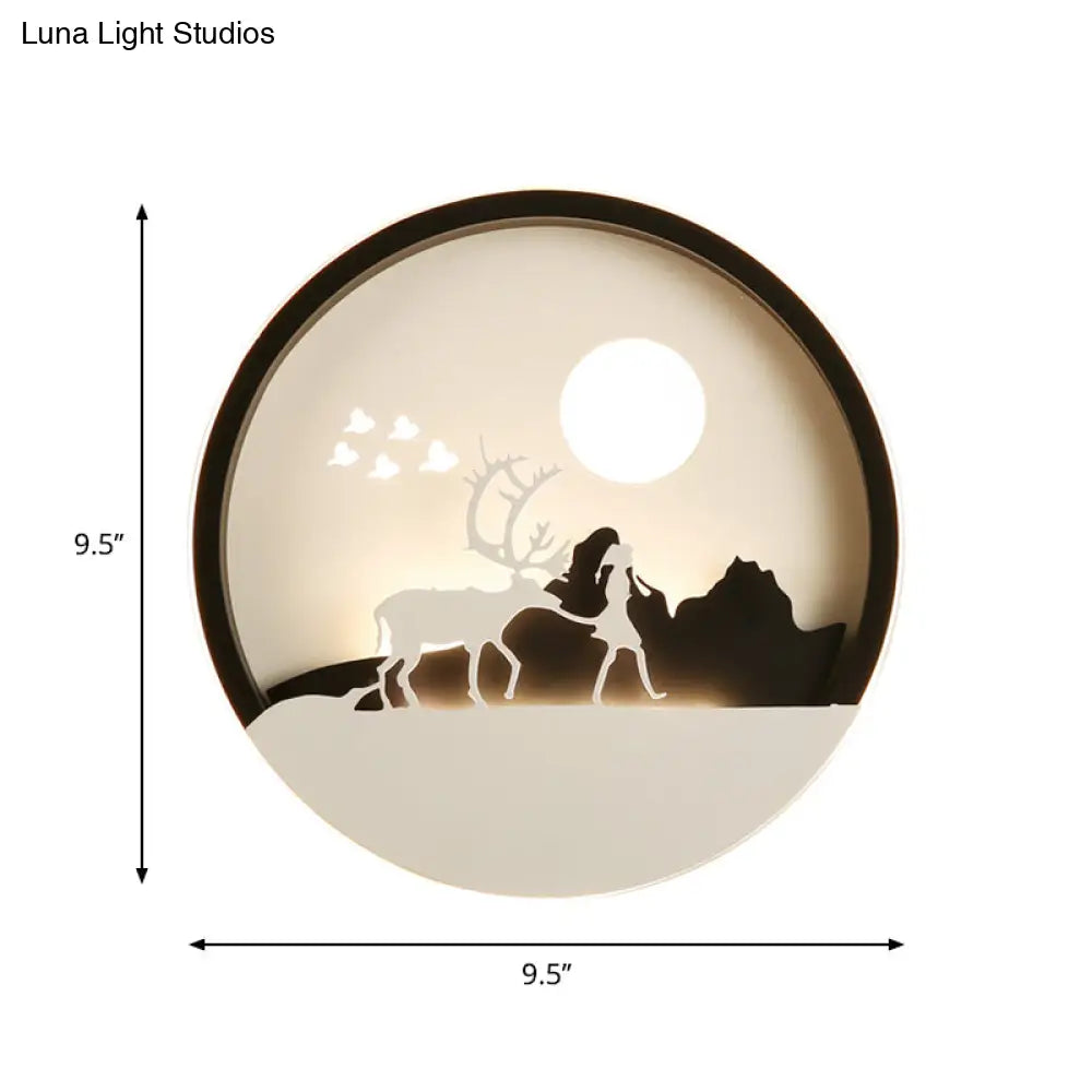 Circular Acrylic Wall Lamp With Elk Deer Pattern In Minimal Black - Led Mount Light