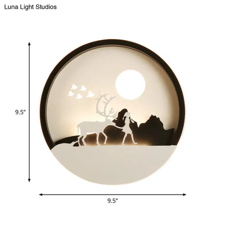 Circular Acrylic Wall Lamp With Elk Deer Pattern In Minimal Black - Led Mount Light