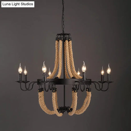 Circular Black Metal Ring Pendant Light With Rope Hanging - Industrial Ceiling Fixture
