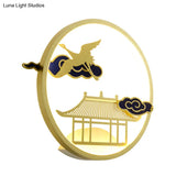 Circular Crane And House Wall Lighting Asia Style Metallic Led Hallway Mural Light In Gold