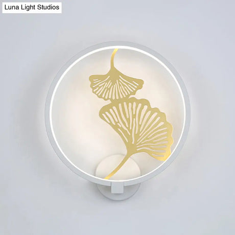 Circular Ginkgo Mural Light: Contemporary Led Metallic Wall Lighting For Living Room (Black/White