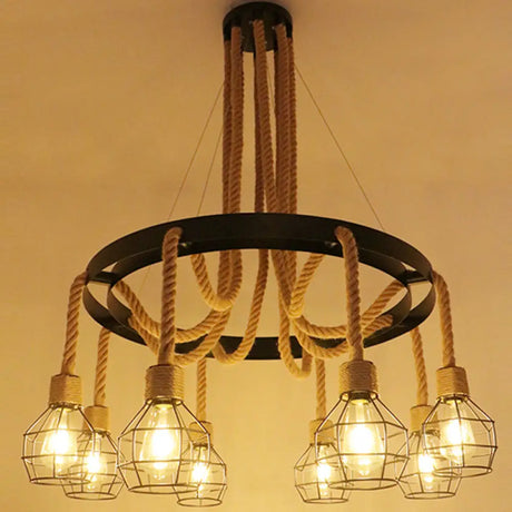 Circular Industrial Restaurant Chandelier With Hemp Rope In Black Iron Finish 8 / A