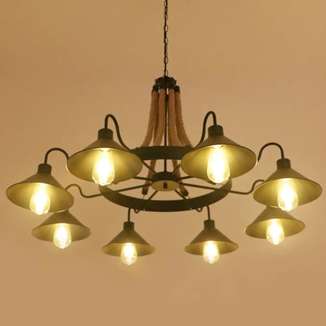 Circular Industrial Restaurant Chandelier With Hemp Rope In Black Iron Finish 8 / B