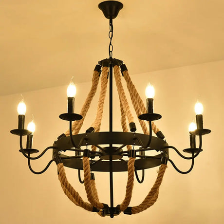 Circular Industrial Restaurant Chandelier With Hemp Rope In Black Iron Finish 8 / C
