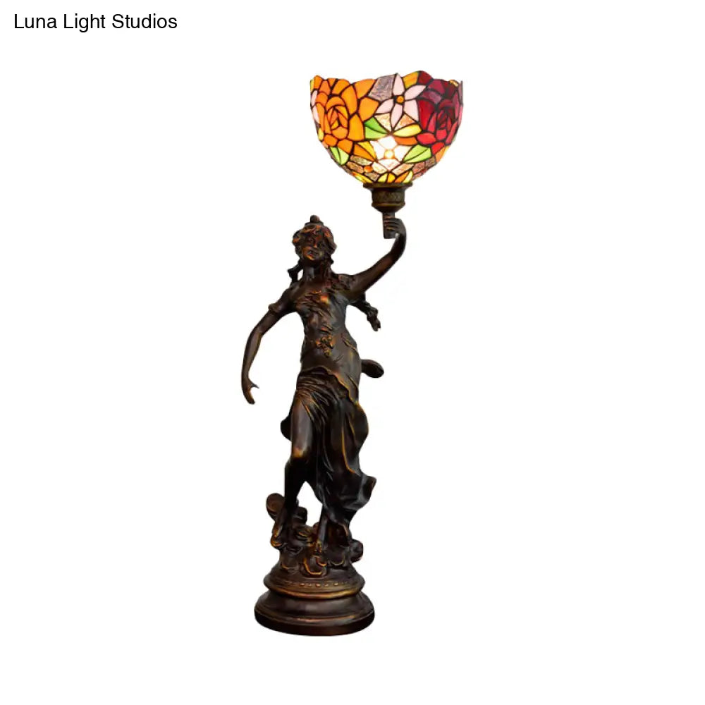 Clara - Tiffany Table Lighting in Bronze with Angel Statue Night Stand Light