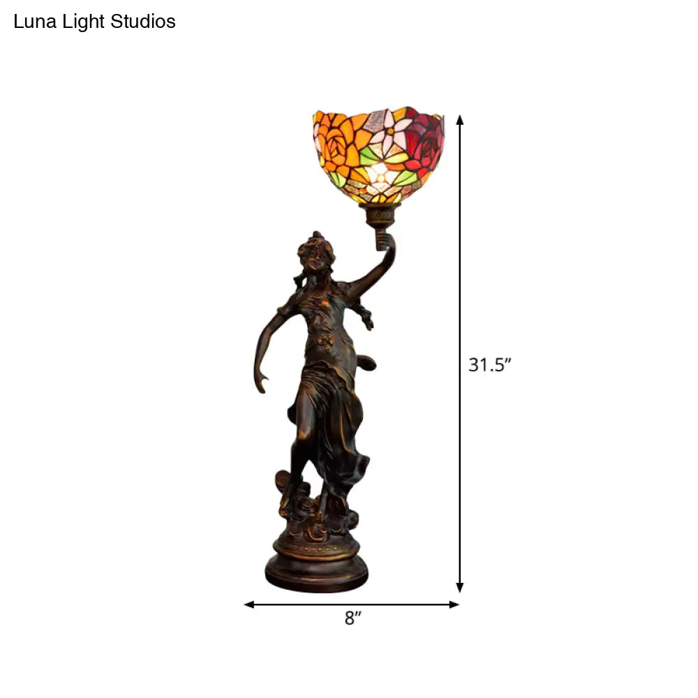 Clara - Tiffany Table Lighting in Bronze with Angel Statue Night Stand Light