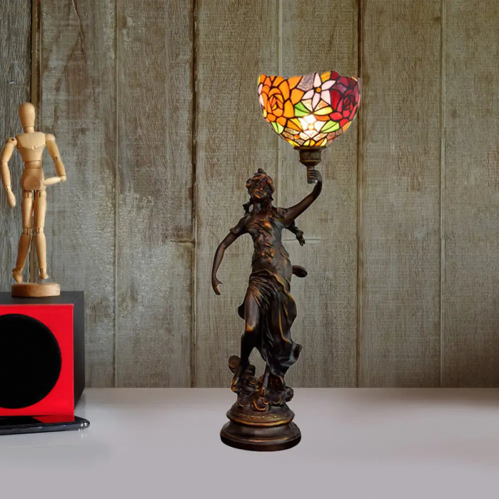 Clara - Tiffany Table Lighting in Bronze with Angel Statue Night Stand Light - Orange