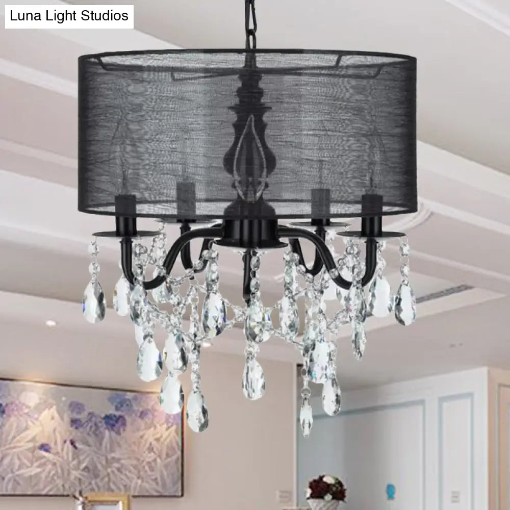 Classic 5-Light Black Round Fabric Pendant Chandelier with Crystal Accent Black