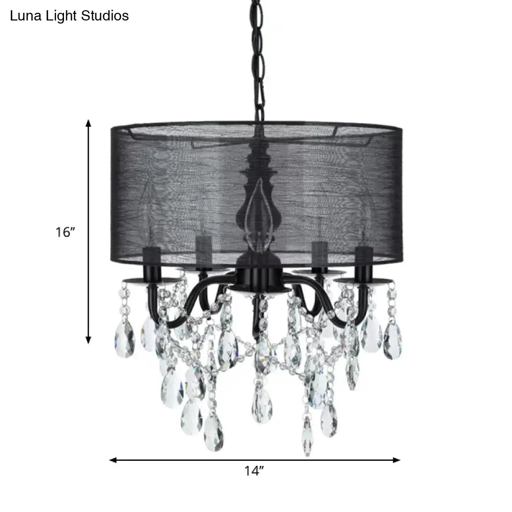 Classic 5-Light Black Round Fabric Pendant Chandelier with Crystal Accent Black