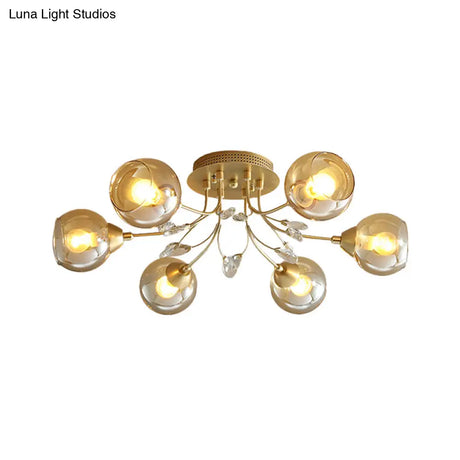 Classic Amber Glass Ball Semi - Flush Light Fixture With Crystal Accent (6/9 - Light) For Living