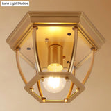 Classic Bedroom Charm: 1-Light Glass Shade Colonial Style Polyhedron Flush Mount Ceiling Light Gold