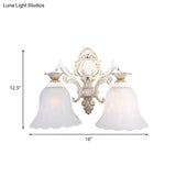 Classic Bell Sconce Light With Carved Arm - White Glass 1/2-Bulb Wall Lighting For Bedroom