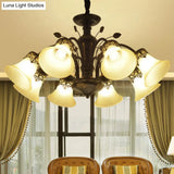 Classic Black Glass Chandelier Light For Living Room - Flared Shade Beige Pendant Ceiling