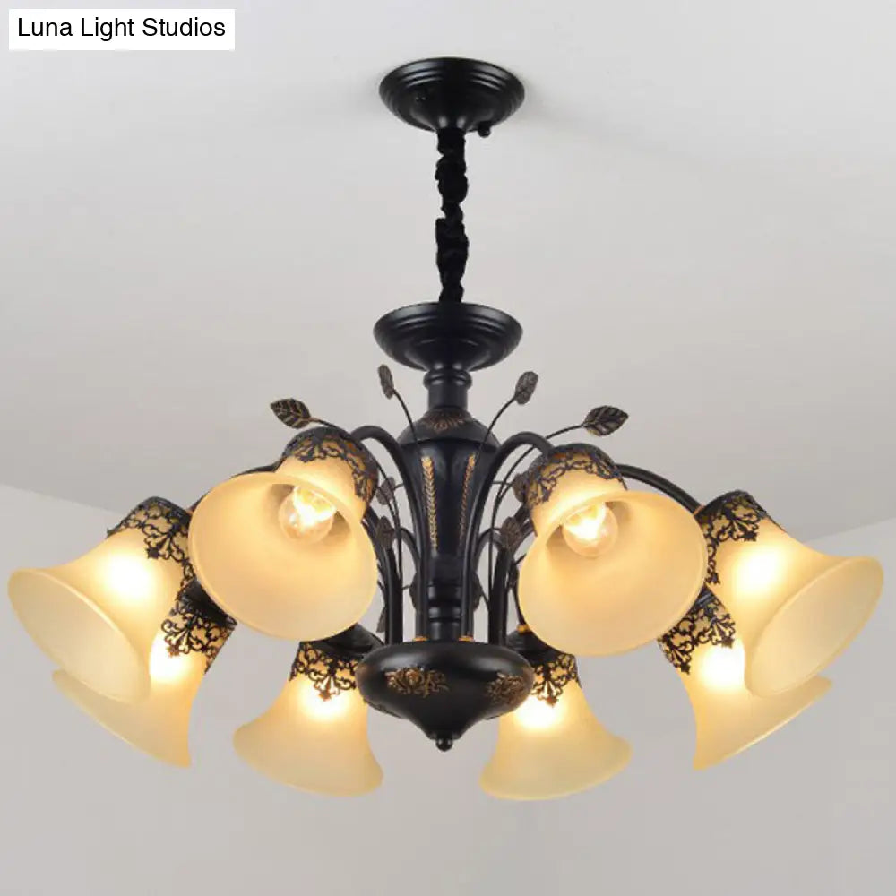 Classic Black Glass Chandelier Light For Living Room - Flared Shade Beige Pendant Ceiling