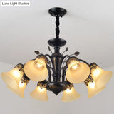Classic Black Glass Chandelier Light For Living Room - Flared Shade Beige Pendant Ceiling