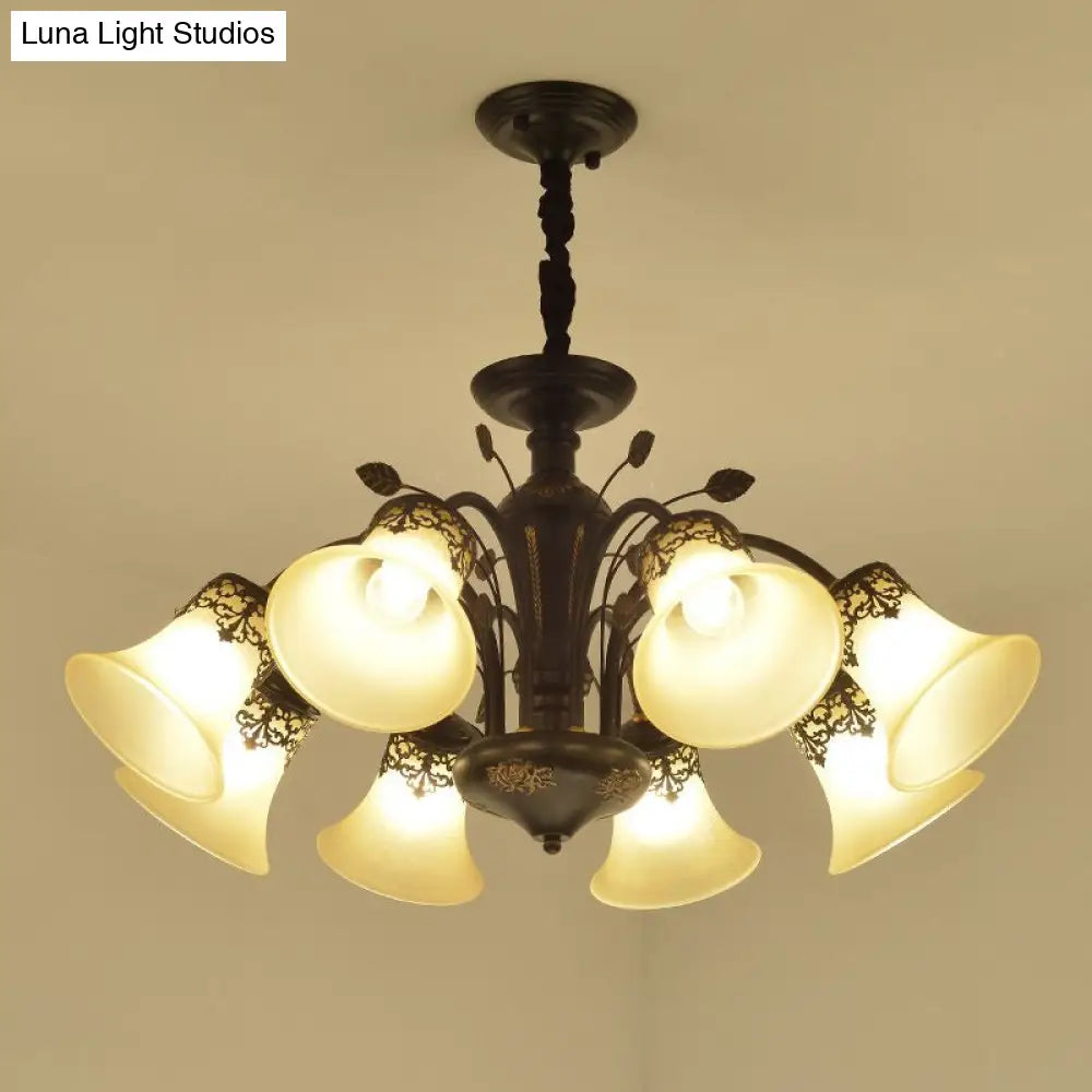 Classic Black Glass Chandelier Light For Living Room - Flared Shade Beige Pendant Ceiling