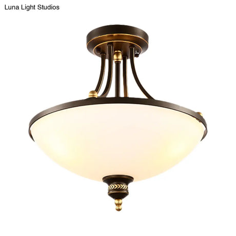 Classic Bowl Shade Semi Flush Light Fixture - 3 Bulbs Cream Glass Black Finish