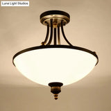 Classic Bowl Shade Semi Flush Light Fixture - 3 Bulbs Cream Glass Black Finish