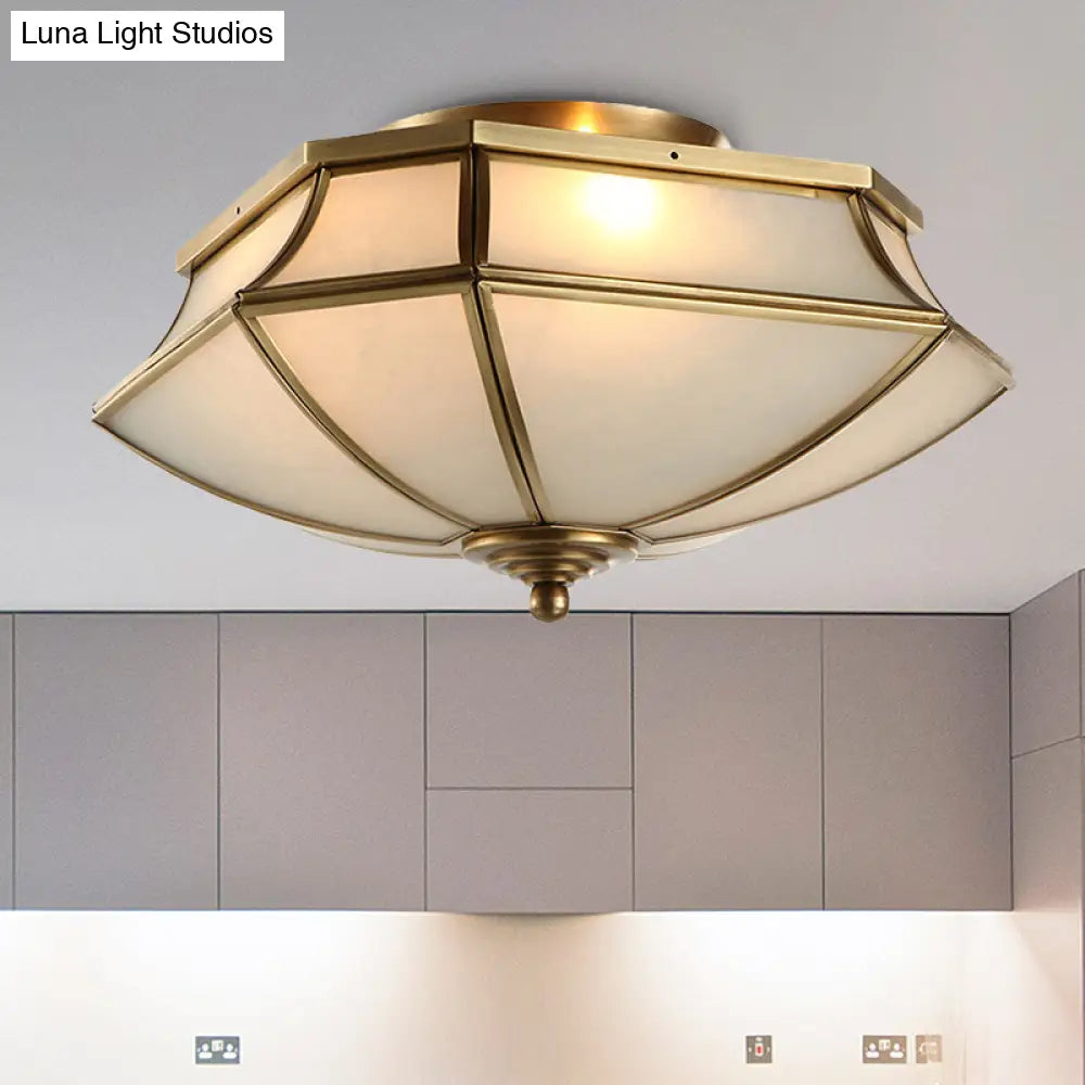Classic Brass Beveled Ceiling Lamp With Opal Glass Shade - 3 - Light Flush Mount
