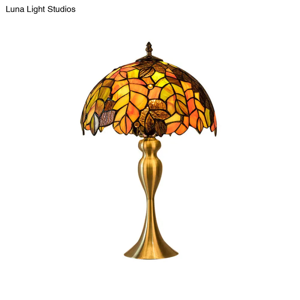 Classic Brass Bowl Night Table Lamp: Hand-Crafted Glass Desk Light With Leaf Pattern