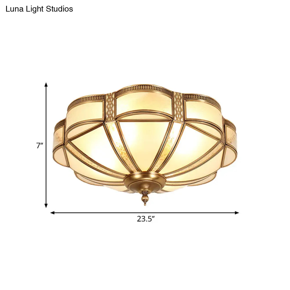 Classic Brass Domed Flush Mount Fixture With Frosted Glass Panel - 3/4/6 Lights For Bedroom