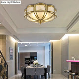 Classic Brass Domed Flush Mount Fixture With Frosted Glass Panel - 3/4/6 Lights For Bedroom