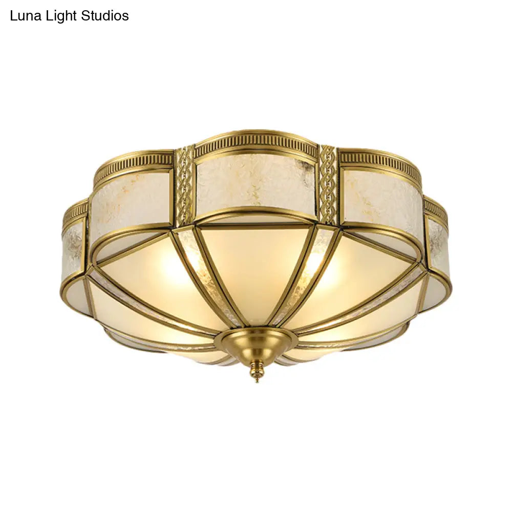 Classic Brass Domed Flush Mount Fixture With Frosted Glass Panel - 3/4/6 Lights For Bedroom