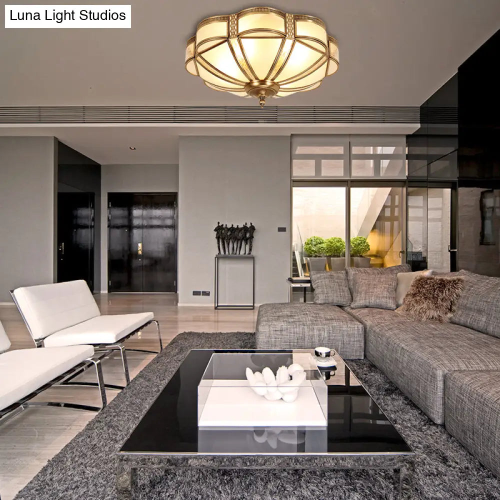 Classic Brass Domed Flush Mount Fixture With Frosted Glass Panel - 3/4/6 Lights For Bedroom