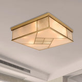 Classic Brass Flush Mount Ceiling Light With Frosted Glass Panel Shade - 4/6 Lights Bedroom Fixture