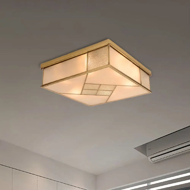 Classic Brass Flush Mount Ceiling Light With Frosted Glass Panel Shade - 4/6 Lights Bedroom Fixture