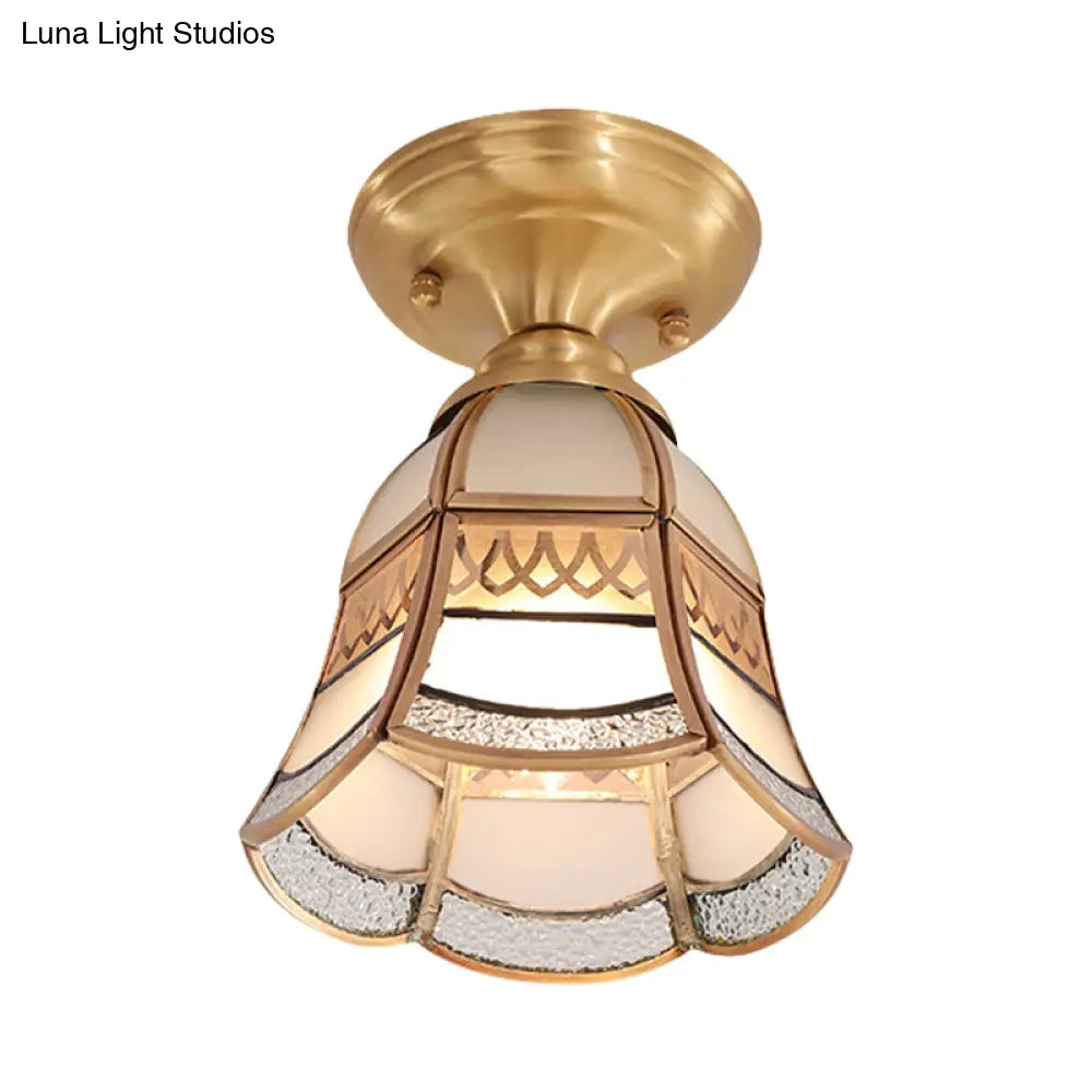 Classic Brass Tapered Flush Mount Light With Frosted Glass - 5’/6.5’ Wide 1-Light Colonial