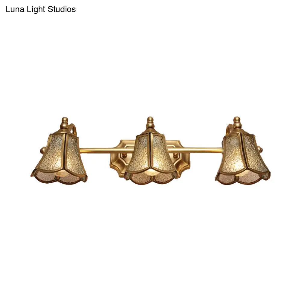 Classic Brass Trumpet Vanity Sconce With Textured Glass: Wall Mounted Light Fixture (2/3 Bulbs)