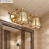 Classic Brass Trumpet Vanity Sconce With Textured Glass: Wall Mounted Light Fixture (2/3 Bulbs)
