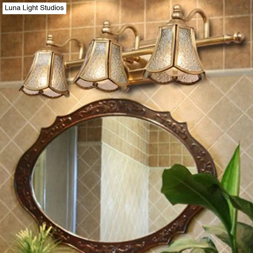 Classic Brass Trumpet Vanity Sconce With Textured Glass: Wall Mounted Light Fixture (2/3 Bulbs)
