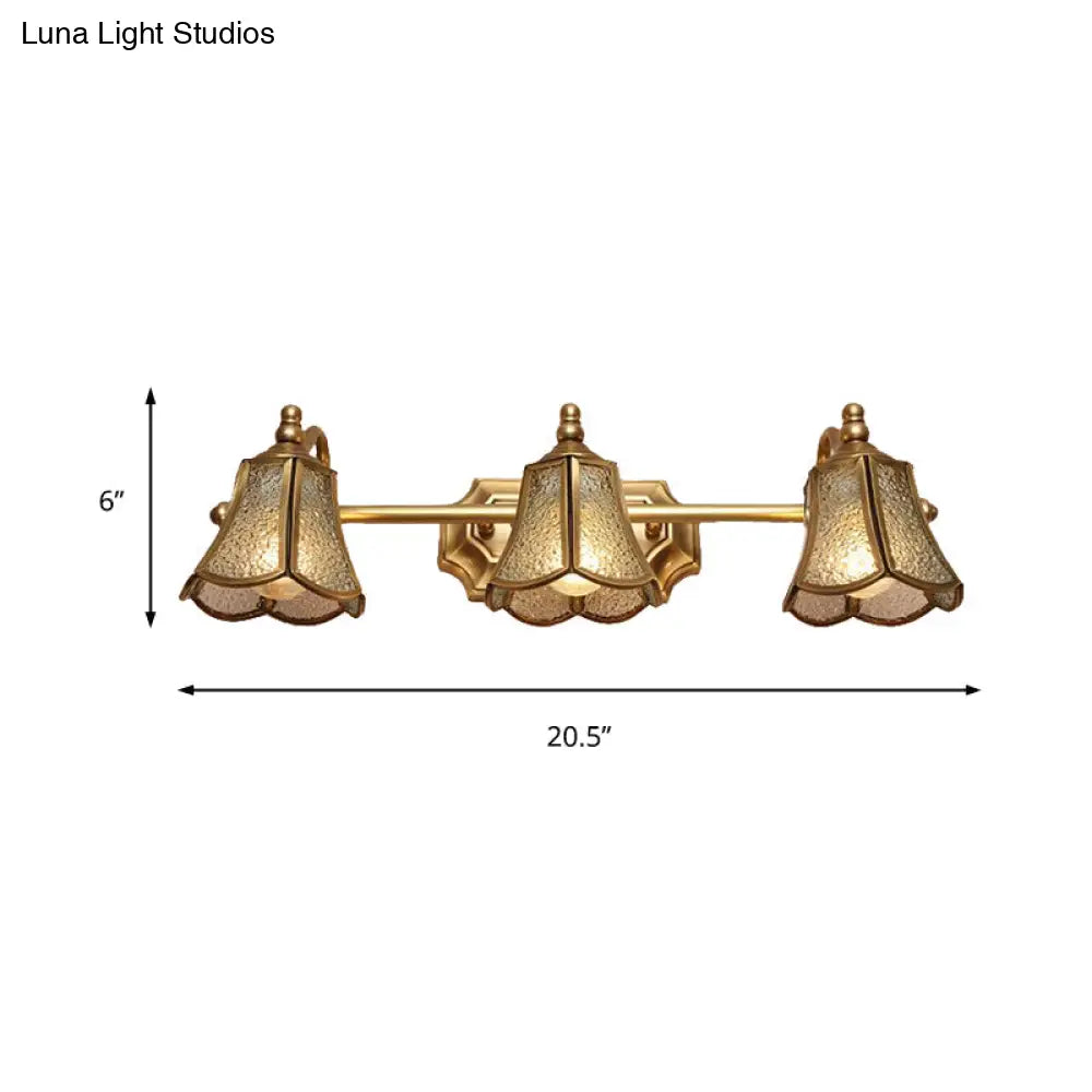 Classic Brass Trumpet Vanity Sconce With Textured Glass: Wall Mounted Light Fixture (2/3 Bulbs)