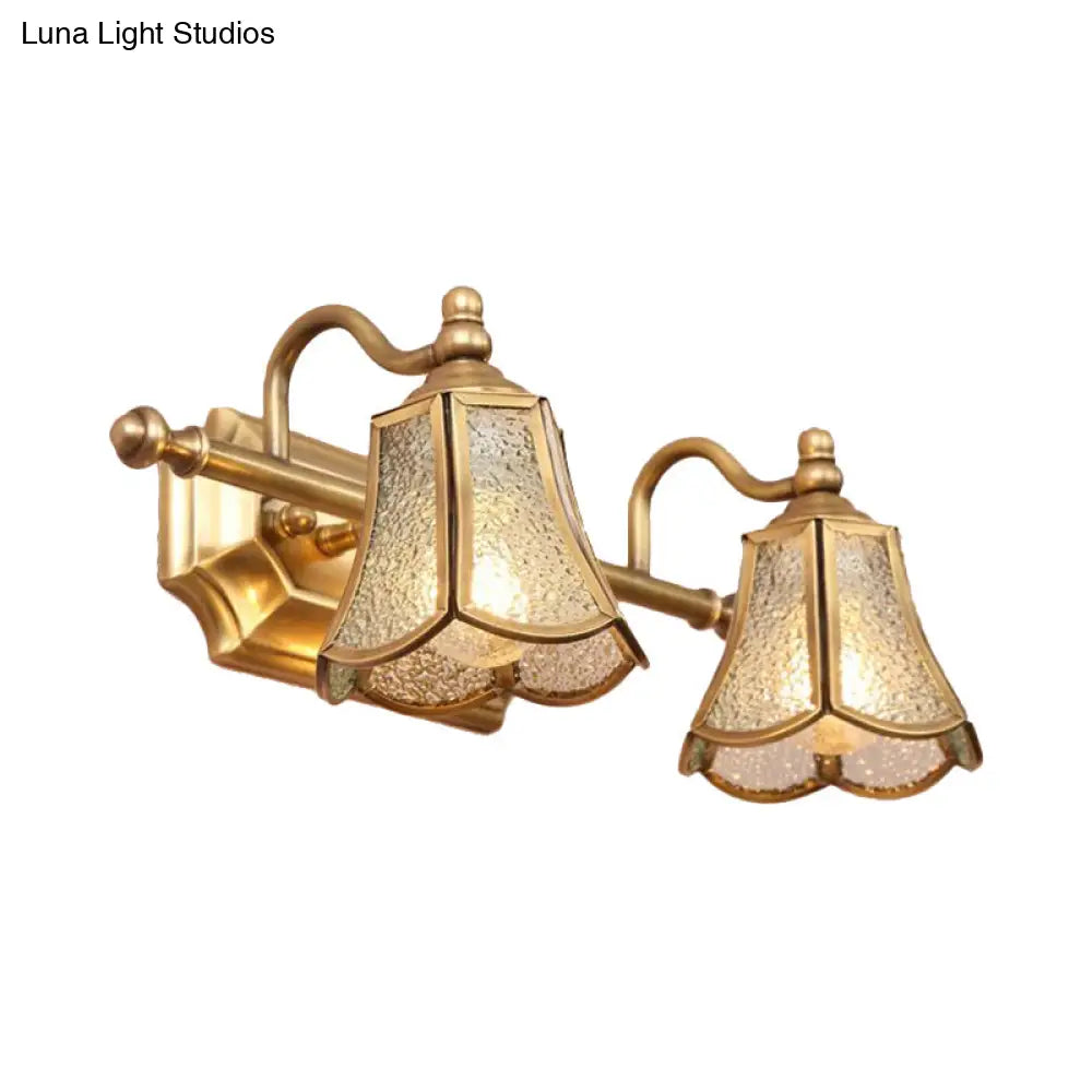 Classic Brass Trumpet Vanity Sconce With Textured Glass: Wall Mounted Light Fixture (2/3 Bulbs)