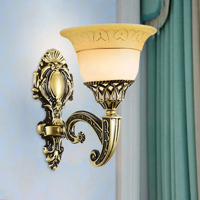 Classic Brass Wall Sconce Light Fixture With Frosted Glass - Flared Design Bedroom Lamp 1 /